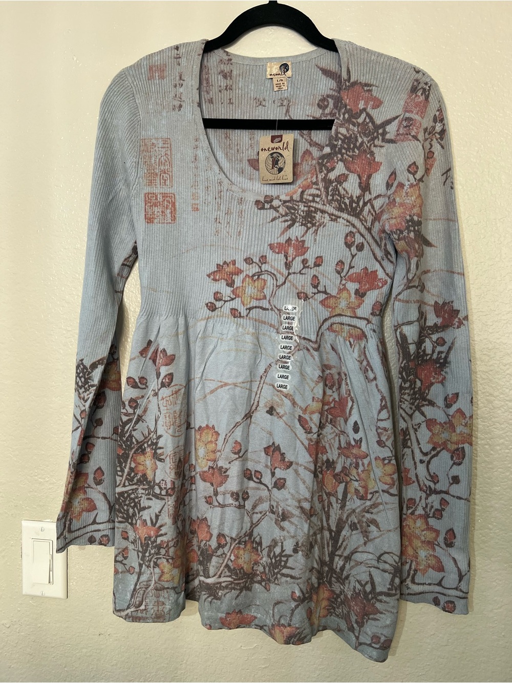 ONE WORLD Light Blue Floral Long-Sleeve Tunic